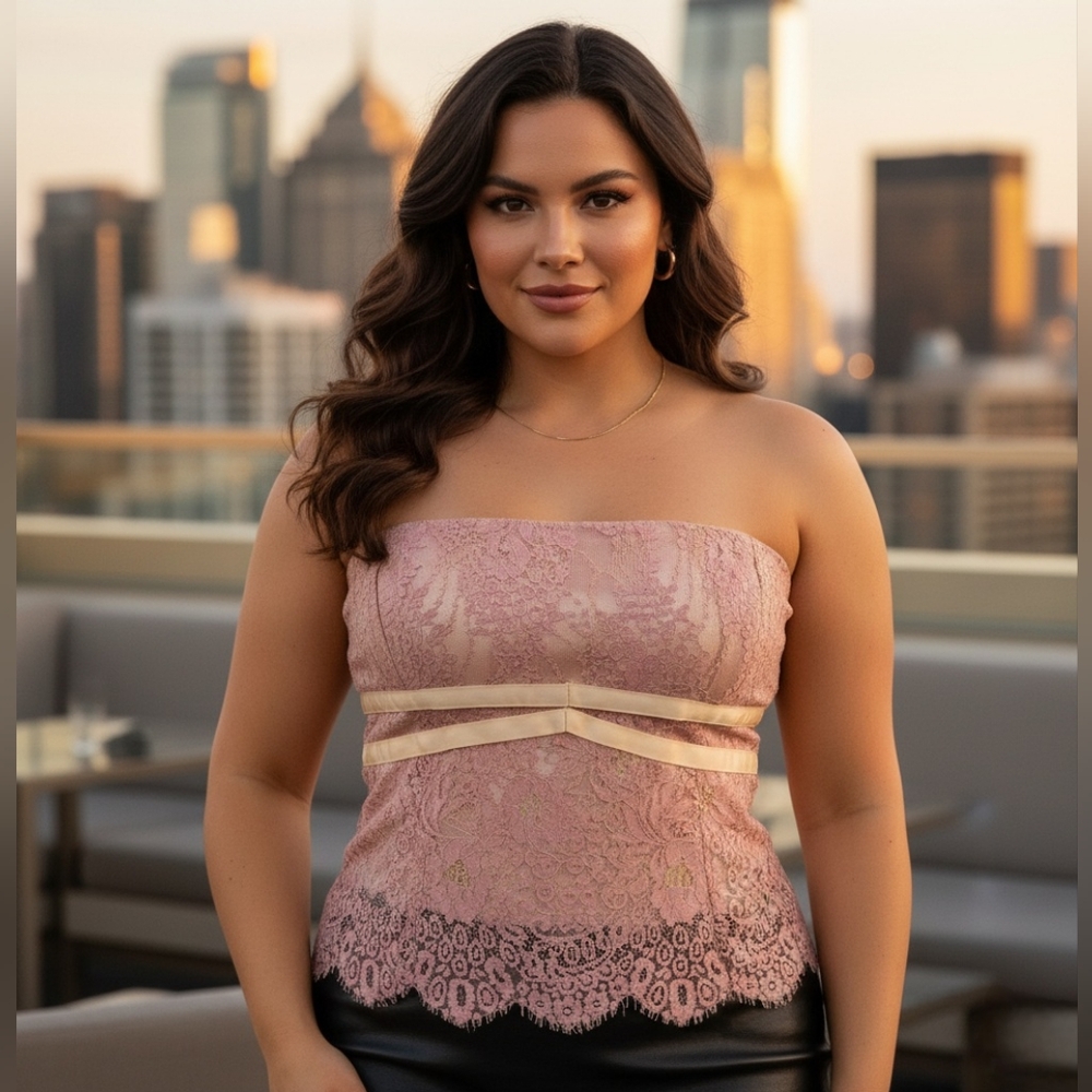 Vintage Y2K Blush Pink Lace Corset Top with Gold Ribbon - Size L